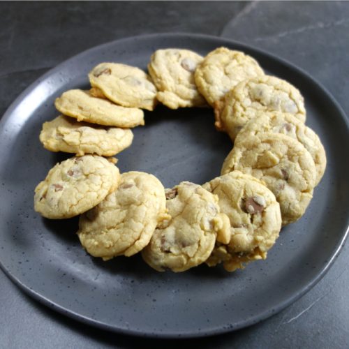 Chocolate chip cookies on a grey plate